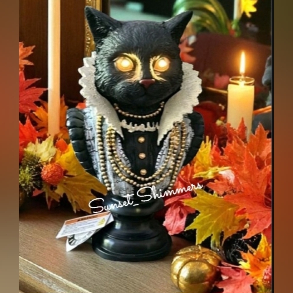 Vintage Style Halloween Ornate Lighted Gothic Black Cat Salem Witch Bust figure - Picture 8 of 8